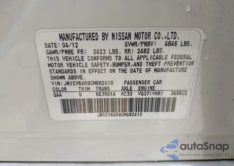 2012 Infiniti G37X from USA, damaged, VIN JN1CV6AR9CM682410